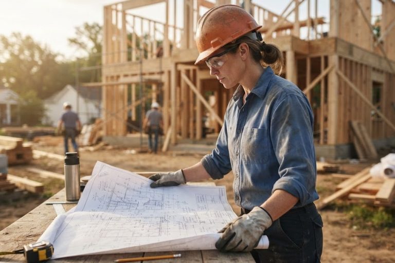 Owner builder reviewing house plans at a residential construction site