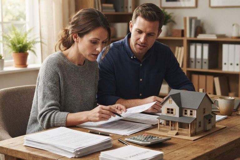 Couple reviewing owner builder insurance documents beside a house model