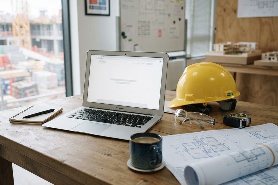 Owner builder course — online study Study desk with laptop, plans and hard hat